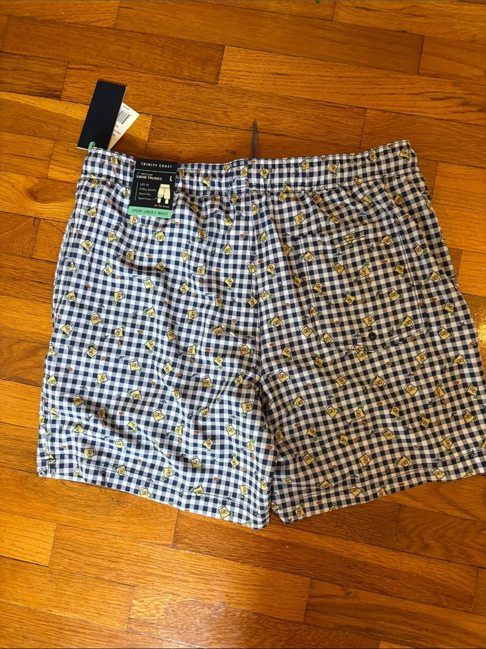 NWT Men’s Gingham Blue Swim Trunks in Classic Cocktail Print - Large
